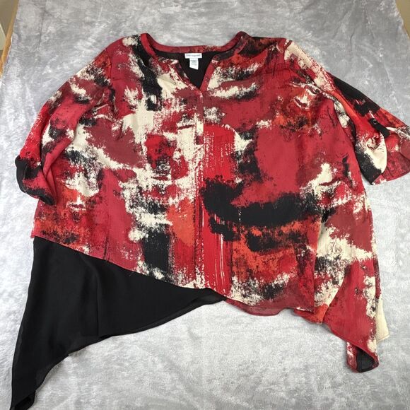 Catherines Shirt Womens 4X Red Black Abstract Asymmetrical Hem Chiffon Tunic - Picture 2 of 11
